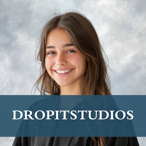 May include: A smiling person with long brown hair, wearing a black garment. The image has a cloudy gray background and a blue banner with the text "DROPITSTUDIOS" in white.