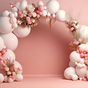 Pink Floral Digital Backdrop Balloon Arch Celebration Download Backdrops Birthday Newborn Maternity Overlay Background Photoshop Studio