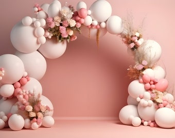 Pink Floral Digital Backdrop Balloon Arch Celebration Download Backdrops Birthday Newborn Maternity Overlay Background Photoshop Studio