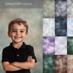 May include: A young boy with short brown hair smiles at the camera while standing in front of a textured green background. The boy is wearing a black collared shirt and has his arms crossed. The background is a digital backdrop with a variety of textures and colors.