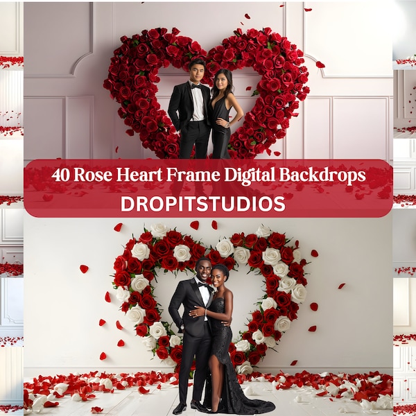 40 Red White Rose Heart Frame Digital Backdrops Download Backdrops Floral Maternity Valentines Wedding Overlay Background Photoshop Studio