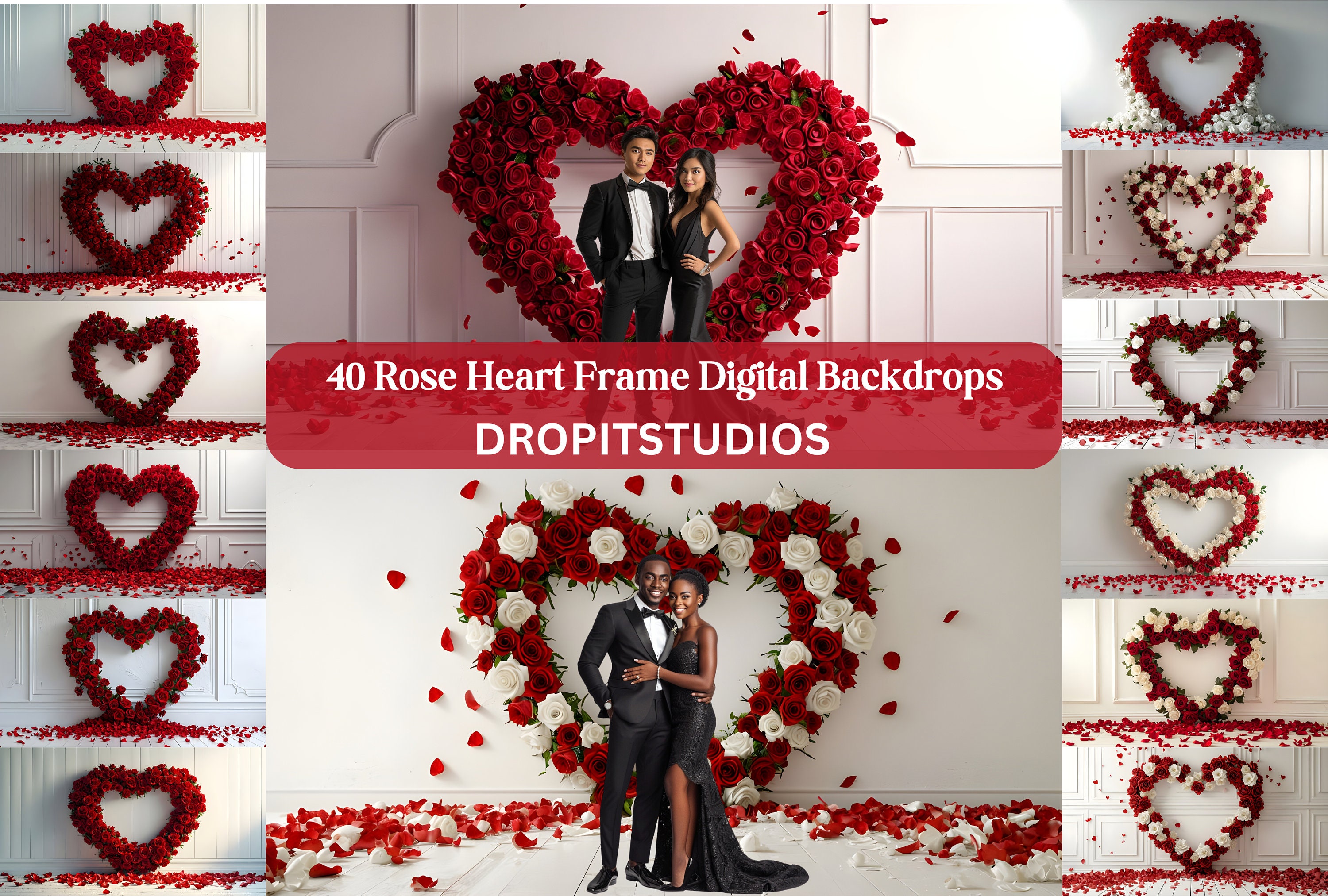 Red Roses Heart Frame 40 Red White Rose Heart Frame Digital Backdrops Download Backdrops ...