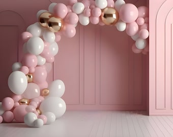 Pink Digital Backdrop Balloon Half Arch Celebration Download Backdrops Birthday Newborn Maternity Overlay Background Photoshop Studio
