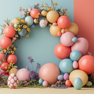 May include: A pastel coloured Easter egg wreath with yellow flowers and green leaves. The wreath is made of large, round eggs in shades of pink, blue, yellow, and orange. The eggs are arranged in a circle and are surrounded by small, white flowers. The wreath is set against a light blue and coral background.