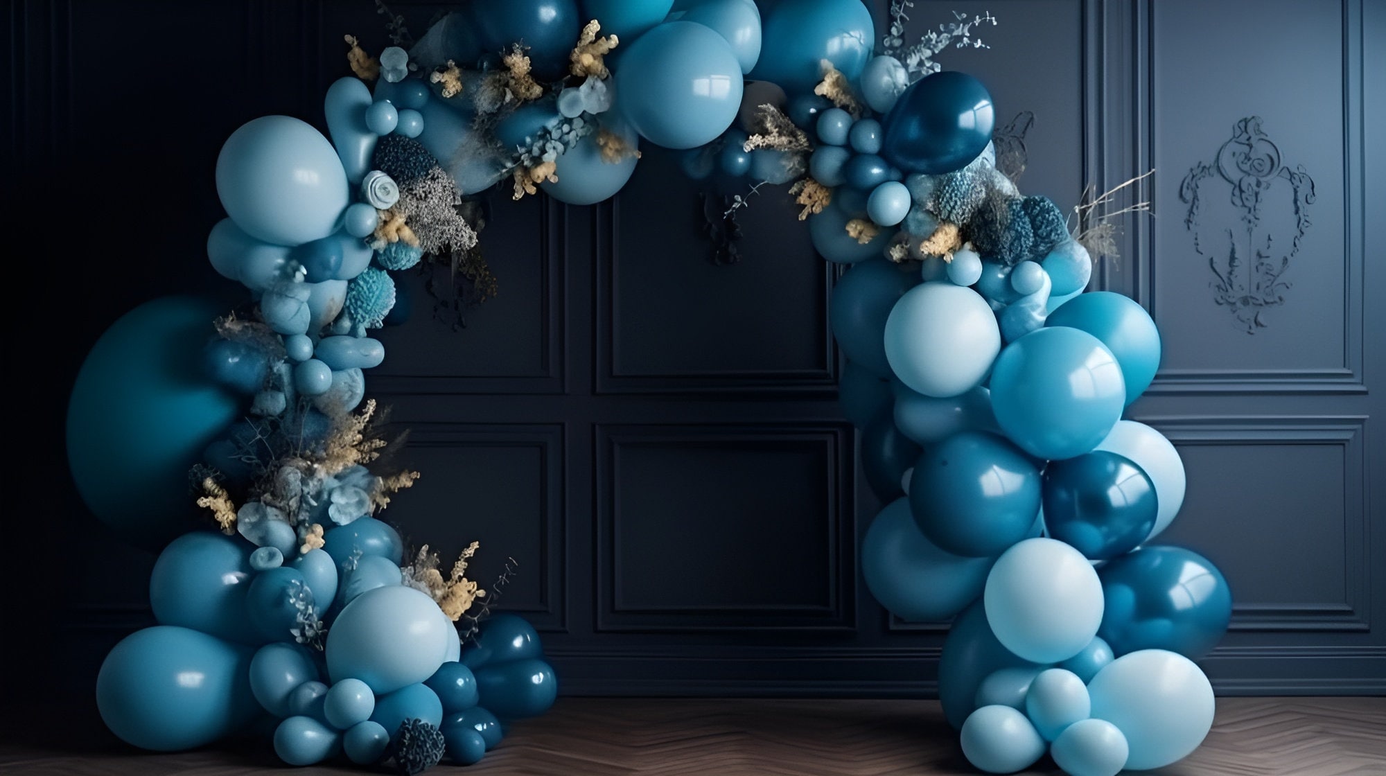 Blue Floral Digital Backdrop Balloon Arch Celebration Download Backdrops Newborn Toddler Maternity Overlay Background Photoshop Studio