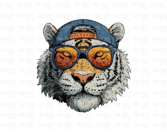 May include: A detailed illustration of a tiger's head wearing a blue baseball cap and sunglasses with orange lenses. The tiger has a light-colored face with black spots and a pink nose. The image has a white background.