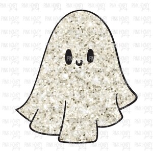 Puede incluir: Un fantasma blanco con purpurina y una cara sonriente y linda. El fantasma tiene un diseño simple y de dibujos animados.