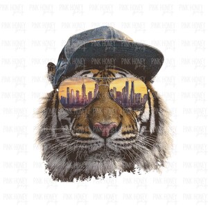 May include: A digitally rendered image of a tiger wearing a denim cap and sunglasses. The sunglasses reflect a cityscape at sunset. The tiger's fur is brown and black, with a pink nose.