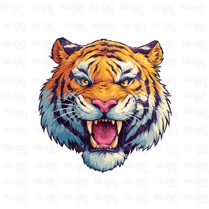 May include: A detailed illustration of a tiger's head, showcasing vibrant orange and black stripes. The tiger's eyes are yellow, and its mouth is open, revealing sharp teeth and a pink tongue. The artwork has a cartoonish style.