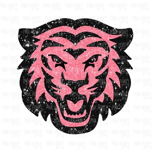 May include: A pink glitter tiger head design with a black outline and a white background. The tiger's face is detailed with eyes, a nose, and an open mouth. The design is bold and eye-catching.