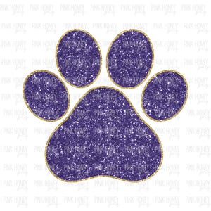 May include: Purple glitter paw print with a gold outline. The paw print is a popular design for pet lovers and can be used for crafts, decorations, and more.