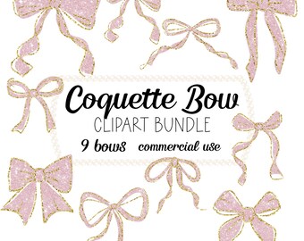 May include: A collection of nine pink glitter bows with gold trim, arranged on a white background. The text "Coquette Bow CLIPART BUNDLE" is displayed, along with "9 bows commercial use". The bows vary in style and size.