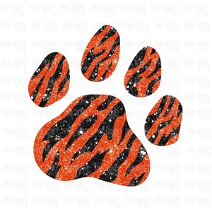 May include: A paw print design with a tiger stripe pattern in orange and black. The design has a glittery texture and is set against a white background. The paw print is a symbol of animal love and care.