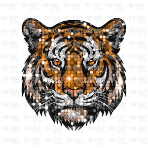 May include: A detailed illustration of a tiger's face, featuring orange, black, and white stripes. The design incorporates a sparkling, glittery effect, with the text "PINK HONEY" repeated across the background.