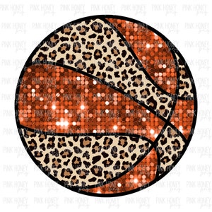 May include: A basketball design featuring a leopard print pattern and a sparkling orange sequin effect. The basketball has black lines and a black outline. The design is set against a white background.