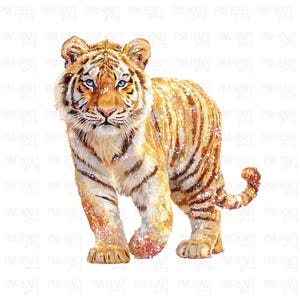 May include: A detailed illustration of a tiger with orange and gold fur, black stripes, and blue eyes. The tiger is depicted walking forward, with its tail curled. The artwork has a glittery effect, giving it a sparkling appearance. The background is white.