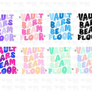 Puede incluir: Una colección de diseños coloridos con las palabras "VAULT BARS BEAM FLOOR" en un estilo de letras de burbujas. Cada diseño tiene una combinación de colores diferente, incluyendo morado, rosa, azul y negro.