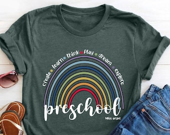 Custom Preschool Teacher Rainbow T-Shirt, Personalized Back To School Shirt, Customized Funny Preschool Crew Tees, Cute Preschool Squad Gift