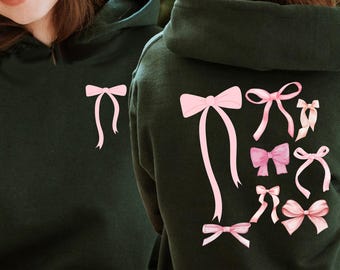 Pink Bow Hoodie, Teenage Girl Hoodie, Coquette Hoodie, Aesthetic Hoodie, Girly Pink Ribbon Bow Hoodie, Women's Preppy Hoodie
