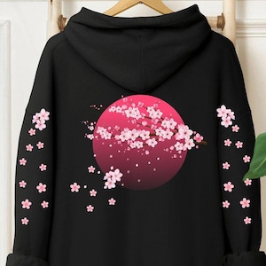 Sakura Cherry Hoodie, Japanese Hoodie, Moon Hoodie, Japan Travel Gift, Aesthetic Hoodie, Kawaii Hoodie, Pink Kawaii Sakura Hoodie image 1