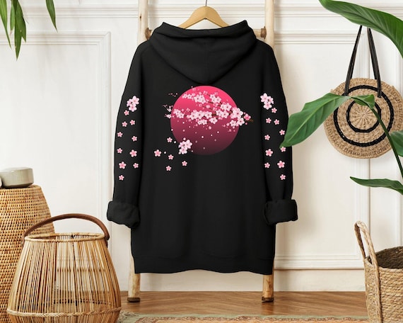 Sakura Cherry Hoodie, Japanese Hoodie, Moon Hoodie, Japan Travel Gift, Aesthetic Hoodie, Kawaii Hoodie, Pink Kawaii Sakura Hoodie