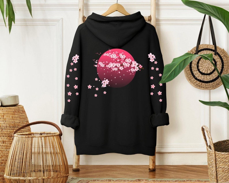 Sakura Cherry Hoodie, Japanese Hoodie, Moon Hoodie, Japan Travel Gift, Aesthetic Hoodie, Kawaii Hoodie, Pink Kawaii Sakura Hoodie image 1