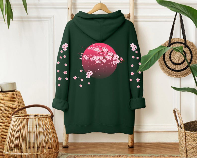 Sakura Cherry Hoodie, Japanese Hoodie, Moon Hoodie, Japan Travel Gift, Aesthetic Hoodie, Kawaii Hoodie, Pink Kawaii Sakura Hoodie image 2
