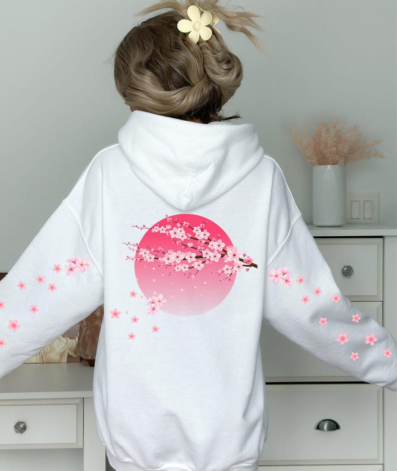 Sakura Cherry Hoodie, Japanese Hoodie, Moon Hoodie, Japan Travel Gift, Aesthetic Hoodie, Kawaii Hoodie, Pink Kawaii Sakura Hoodie image 3