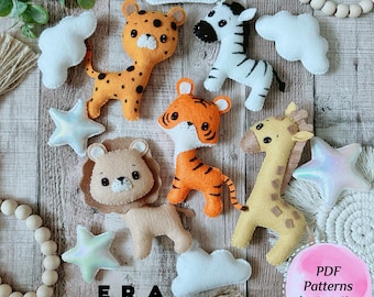 Ensemble d'animaux de la jungle en feutre PDF. Patron de couture animaux de safari. Tigre, léopard, lion, girafe, zèbre pour mobile en feutre DIY, guirlande.