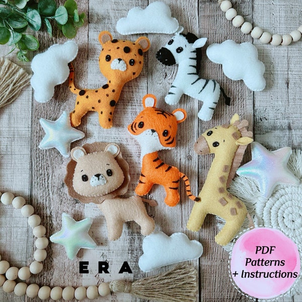 PDF-Filzmuster-Set mit Dschungeltieren. Schnittmuster für Safaritiere. DIY Filztiger, Leopard, Löwe, Giraffe, Zebra für Babymobile, Girlande.