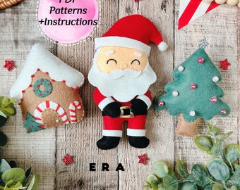 PDF Patterns Christmas set Santa clause, tree, gingerbread house. DIY felt hand sewing softy toys/ ornament/ garland/ decorations.