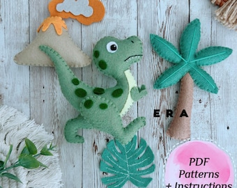 Dinosaur T-rex felt set sewing PDF pattern. DIY felt toys. T-rex, mountain, tree, leaf patterns. Felt animal. Easy pattern. Nursery pattern.