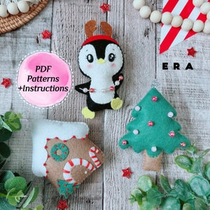PDF-mönster Julset pingvin, pepparkakshus, gran. Gör-det-själv filt-sömnad mjukisdjur för dekoration/girlang/prydnadsföremål. Enkla mönster.