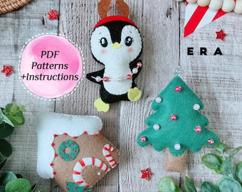 Modelli PDF Set natalizio pinguino, casa di pan di zenzero, albero. Peluche fai da te in feltro da cucire per decorazioni/ghirlande/ornamenti. Modelli facili.