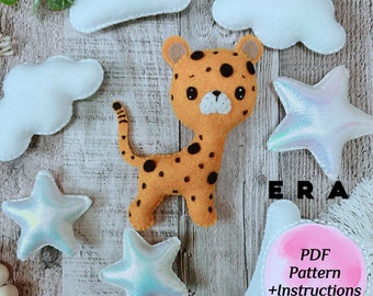 Leopard felt set PDF Pattern. DIY jungle animal toys, baby mobile, garland, nursery. Hand sewing pattern. Easy animal pattern.