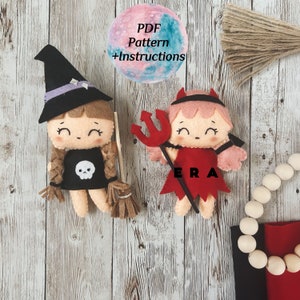 PDF Patterns Halloween girl costume witch and devil girl. DIY felt toys great gift/ garland/ decoration/ ornament for Halloween.