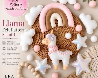 Llama set felt PDF Pattern. DIY felt toys gift, baby mobile crib, ornament, garland, wreath... Easy cute pattern llama, rainbow, star, cloud