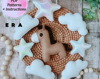Horse set felt PDF Pattern. Easy sewing pattern with instructions. DIY farm animal toys, baby mobile, garland, ornaments, nursery decor...