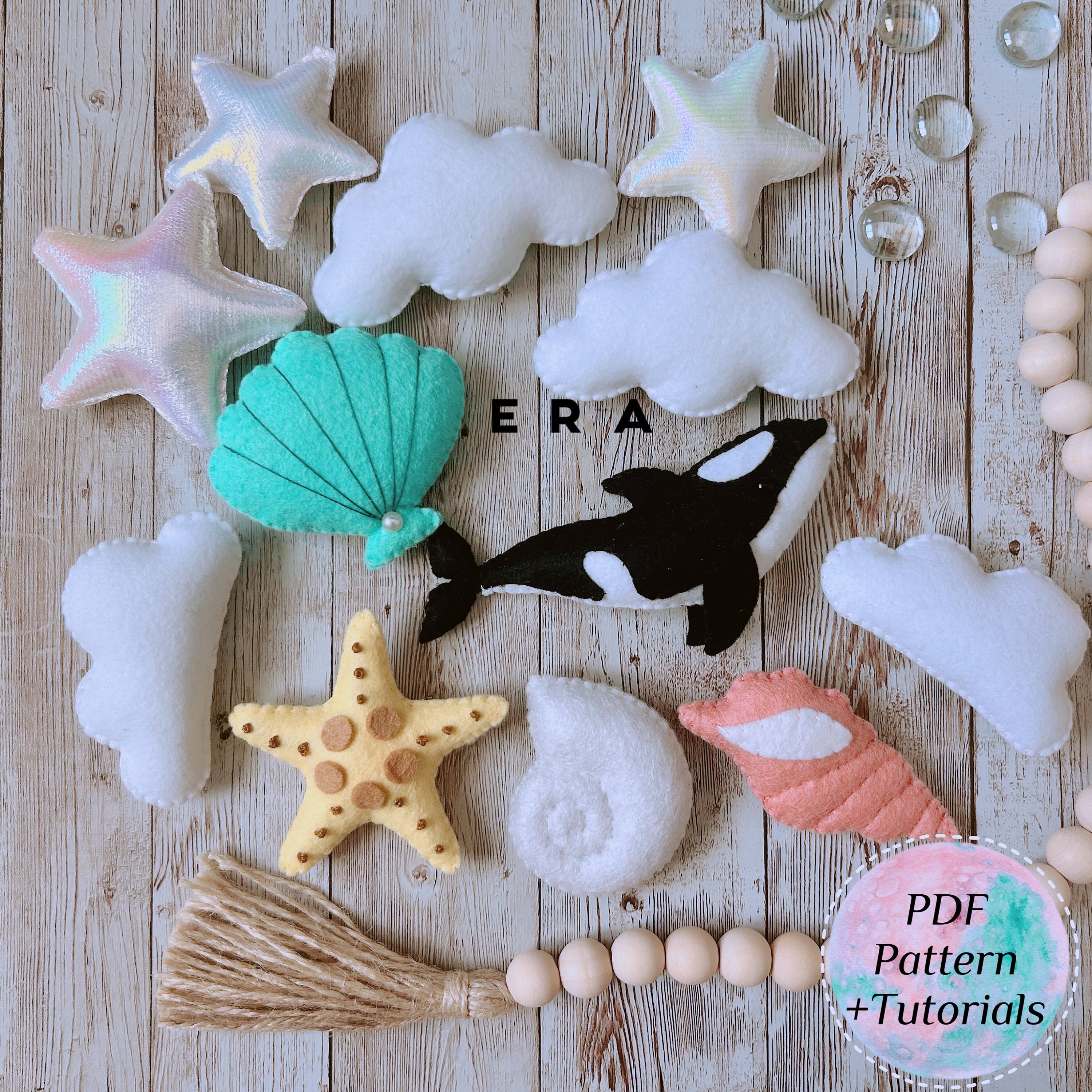 Sea animals killer whale set of 7 PDF Pattern. DIY sewing felt softy toy, baby mobile, ornament, garland, nursery. Easy sewing and tutorial.