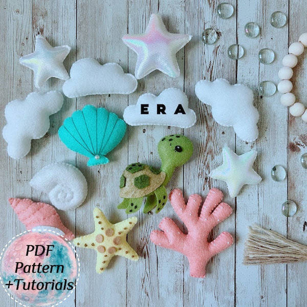 PDF Pattern sea animals and turtle set felt sewing toy. DIY felt plushie toy, baby mobile crib, ornament, garland, nursery. Great DIY gift.