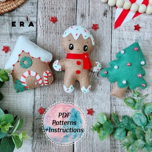 Ensemble de patrons PDF de Noël. Jouets en feutre à coudre à la main, bonhomme en pain d'épice, maison en pain d'épice, sapin de Noël. Modèles faciles.