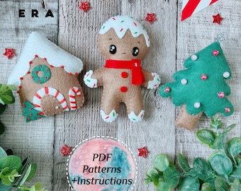 Christmas set PDF Patterns. DIY hand sewing felt toys gingerbread man, gingerbread house, Christmas tree. Easy patterns.