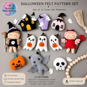 May include: A set of 11 felt patterns featuring Halloween designs including a witch girl, haunted house, coffin, witch house, devil girl, three ghosts, pumpkin, bat, and skull. The collection includes PDF patterns and instructions for crafting.