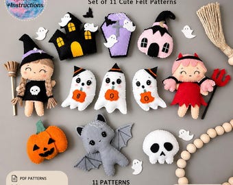 Halloween set felt PDF Patterns. Cute DIY Halloween bundle witch, devil girl, pumpkin, haunted house, ghost. DIY garland/ Halloween decor.