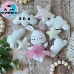 Niedliches Ballerina Häschen Set PDF Pattern. DIY Filz nähen Spielzeug Ballerina Häschen. Niedliches DIY Geschenk für Ihre Liebsten / Babymobile / Girlande / Kinderzimmer.