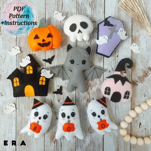 Modello PDF e istruzioni per il set di Halloween in feltro. Giocattoli facili da cucire fai da te fantasmi, zucca, pipistrello. Giocattoli fai da te per Halloween, ghirlanda, decorazione, regalo.