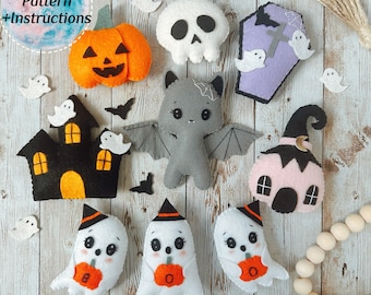 Halloween set felt PDF Pattern and instructions. Easy sewing toys DIY ghosts, pumpkin, bat. DIY Halloween toys, garland, decoration, gift.