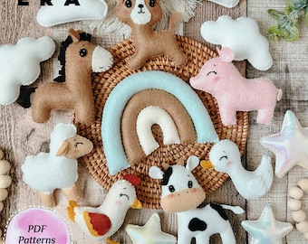 Farm animals set felt PDF Patterns. DIY felt sewing toys, baby mobile, garland... Easy pattern cow, pig, sheep, horse, chicken, rainbow...