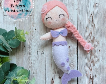 Mermaid felt PDF pattern. Sewing pattern with instruction. DIY felt softy toy/ baby mobile/ nursery/ ornament/ garland/ decoration.