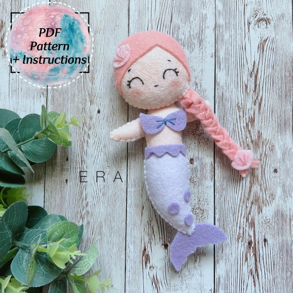 Mermaid felt PDF pattern. Sewing pattern with instruction. DIY felt softy toy/ baby mobile/ nursery/ ornament/ garland/ decoration.